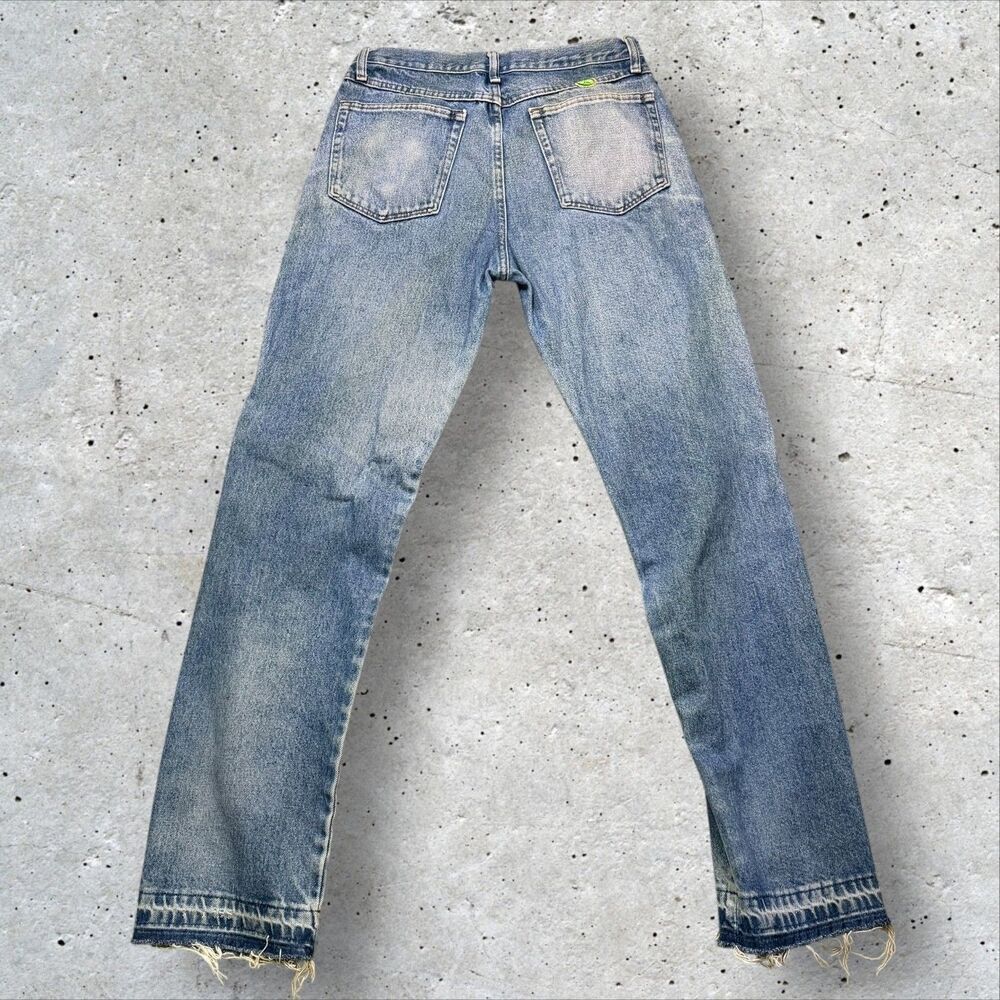 Vintage Light Wash Straight Leg Jeans Mens 33x32 Faded Distressed Raw Hem Peace - Picture 3 of 13